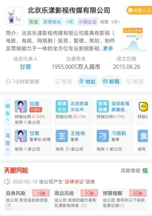 2015年6月,甘薇创办乐漾影视。数据来自天眼查 2015年6月,甘薇创办乐漾影视。数据来自天眼查